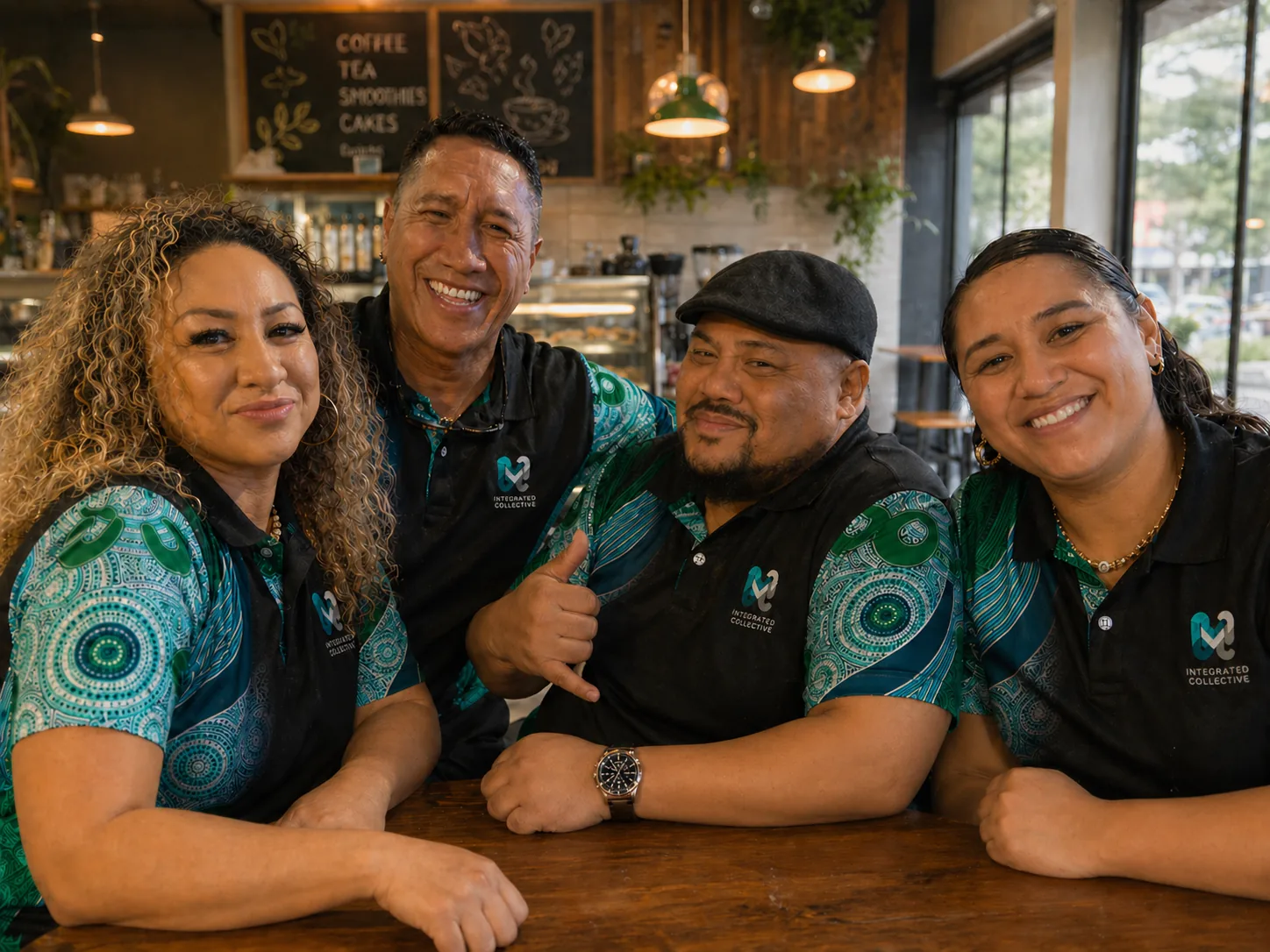 Integrated Collective leadership team smiling together at a local café