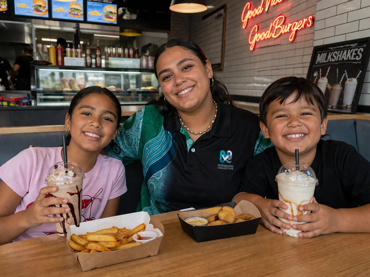 Integrated Collective worker enjoying milkshakes with two smiling children